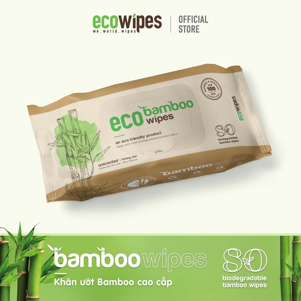 Thùng 24 gói khăn giấy ướt cao cấp EcoWipes Bamboo gói 80 tờ vải sợi tre sinh thái không mùi có thể phân hủy