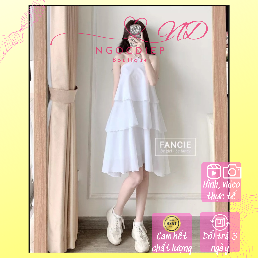 Váy Cổ Yếm Trắng 3 Tầng Bánh Bèo Vintage