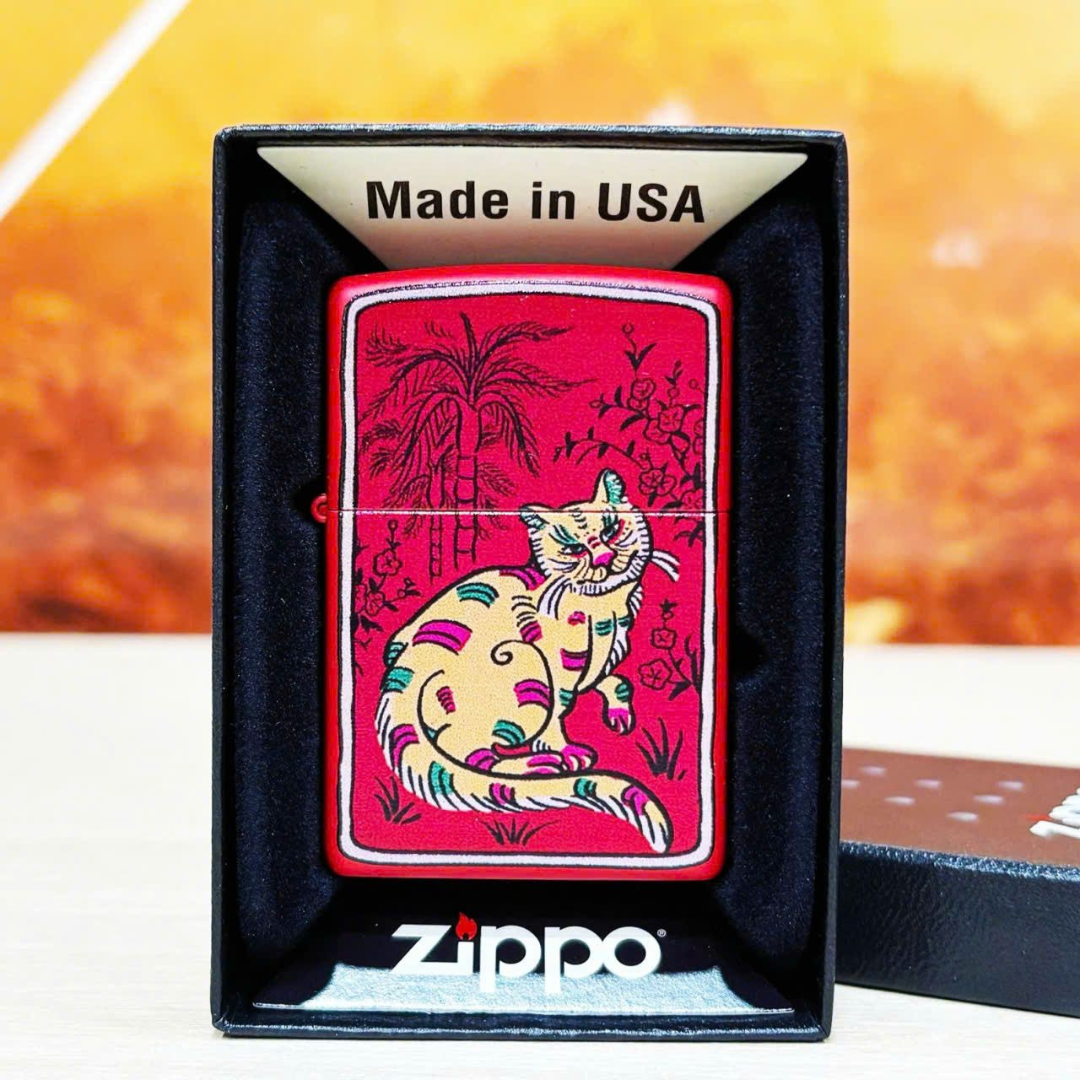 Bật lửa Zippo Year of the Cat - Phiên Bản 12 Con Giáp (Tuổi Mão) Thiết Kế Việt Nam, Sơn Tĩnh Điện Đỏ May Mắn Chính Hãng