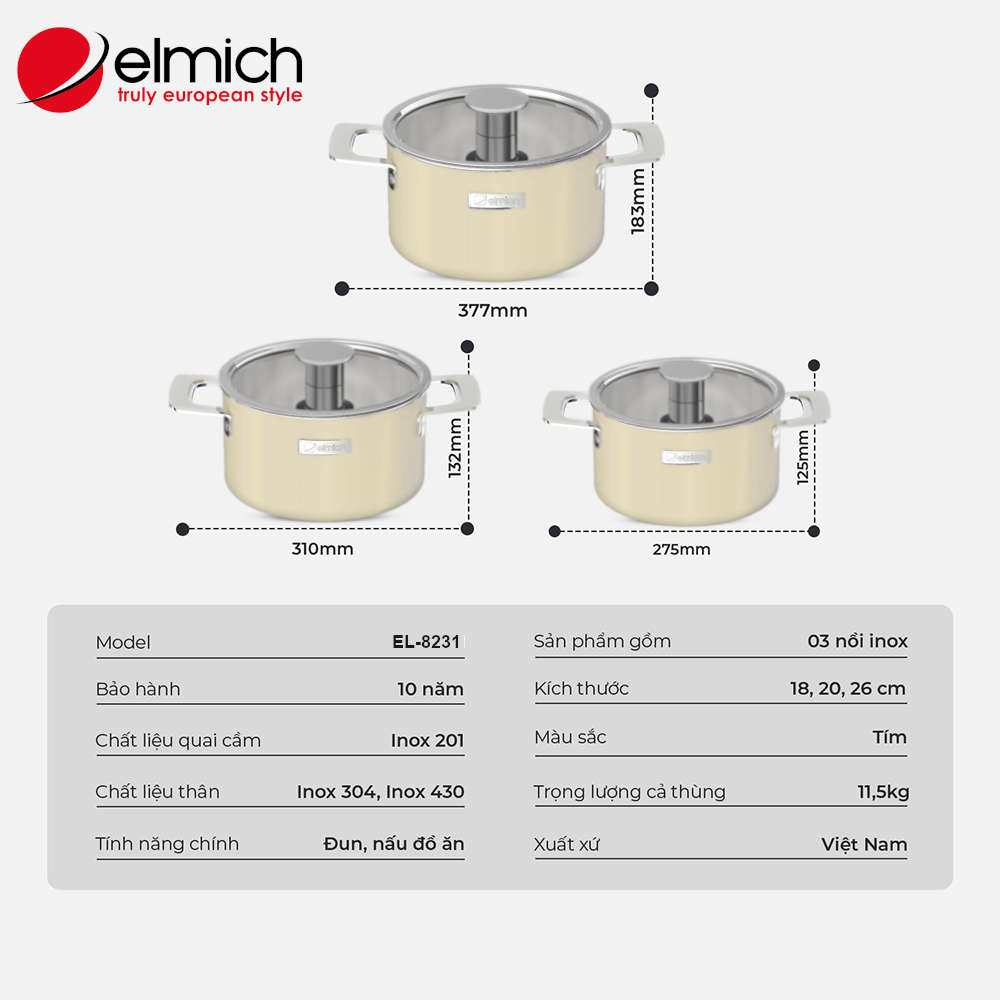 Bộ 3 nồi Inox 304 liền khối Elmich Hera EL-8191 size 18,20,26cm