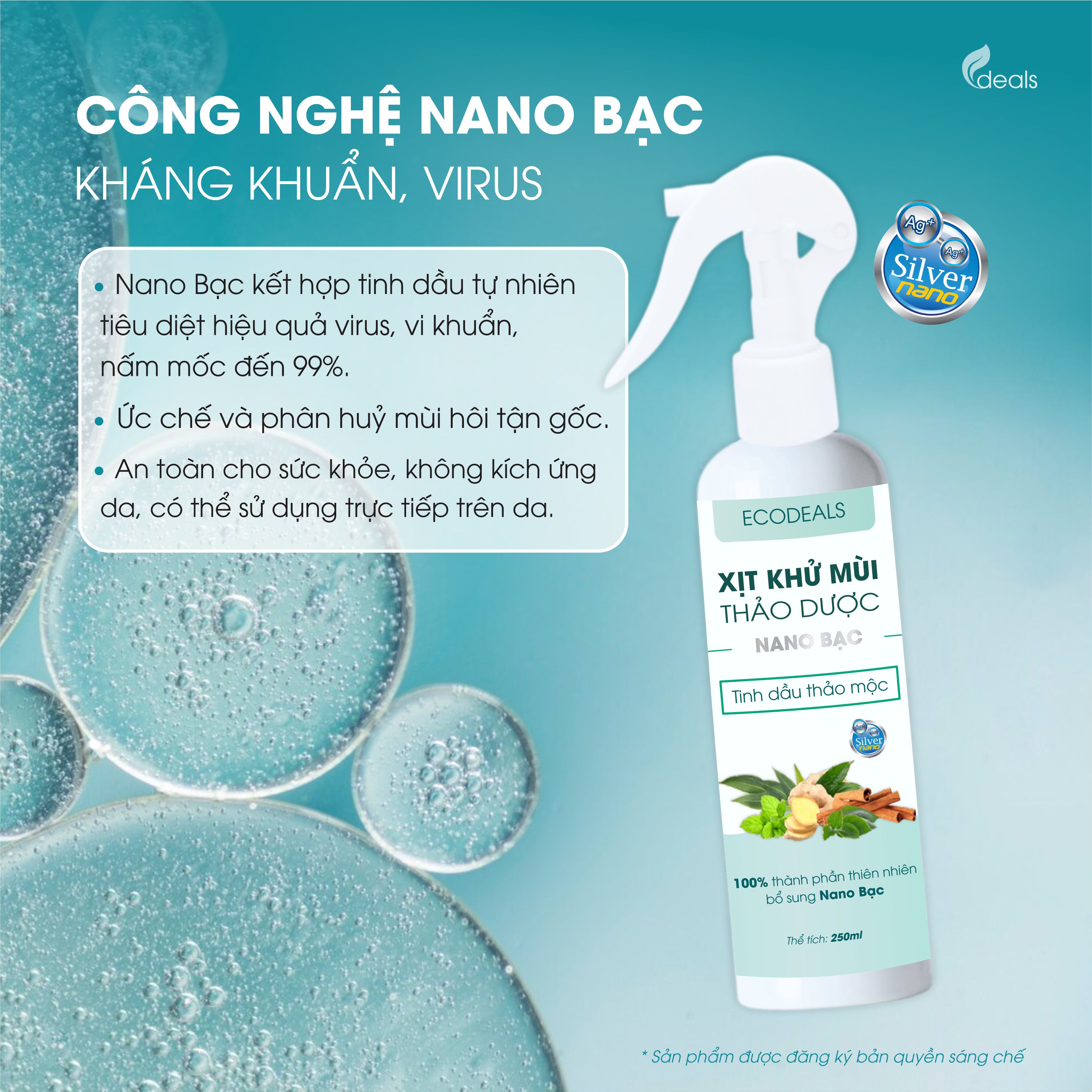 Xịt Khử mùi Kháng khuẩn thảo dược công nghệ Nano Bạc ECODEALS - Tinh dầu Thảo mộc