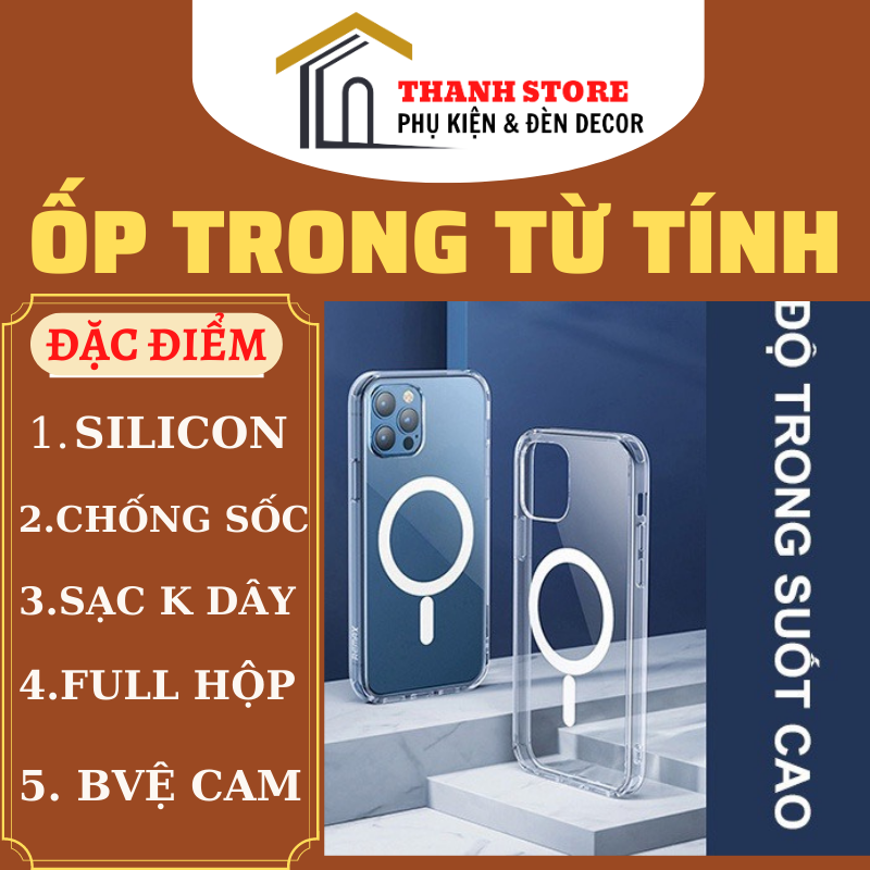 Ốp lưng điện thoại trong suốt hỗ trợ sạc từ tính cho iphone X/xsmax/11/12/13/14/pro/max/14promax