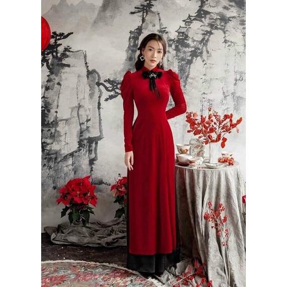Áo dài trơn nhung kèm quần nơ cổ
