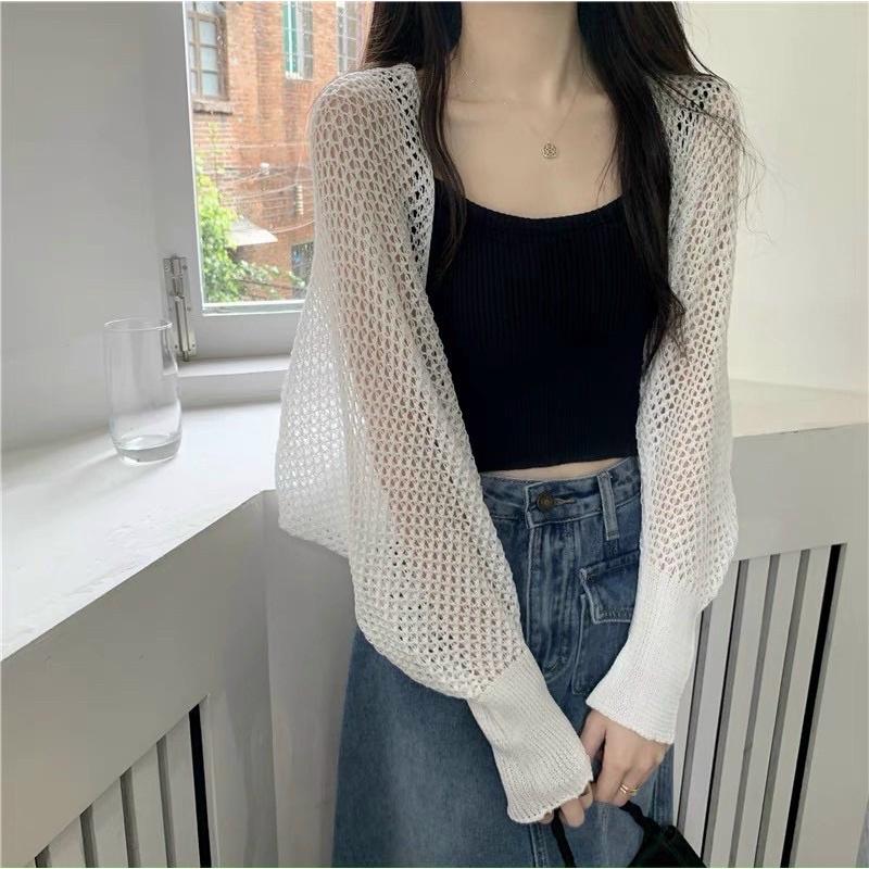 [L2M] Áo KHOÁC NGOÀI LEN LƯỚI Cardigan Quảng Châu tay dài mỏng dáng lửng màu sắc xinh xắn dễ phối đồ