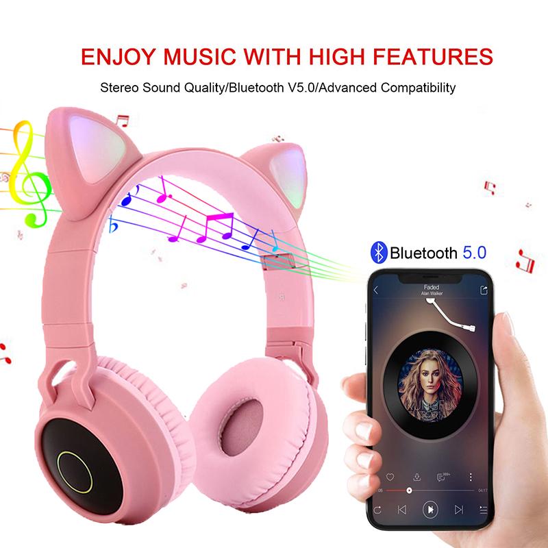 Tai Nghe Bluetooth Không Dây Tai Mèo Có Đèn Đàm Thoại 2 Chiều