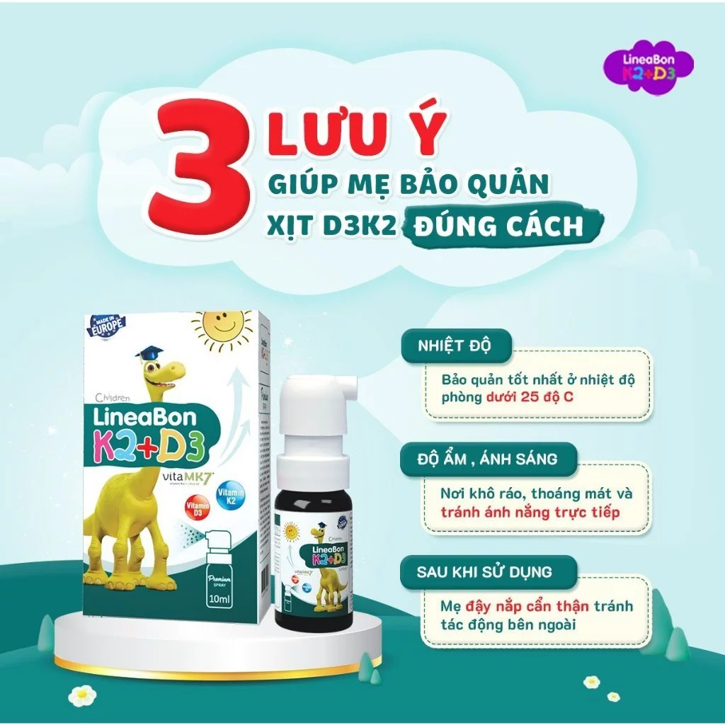 Lineabon Vitamin D3 K2 giúp bé cao lớn, ngủ ngon, giảm còi xương cho trẻ sơ sinh 10ml (xịt)