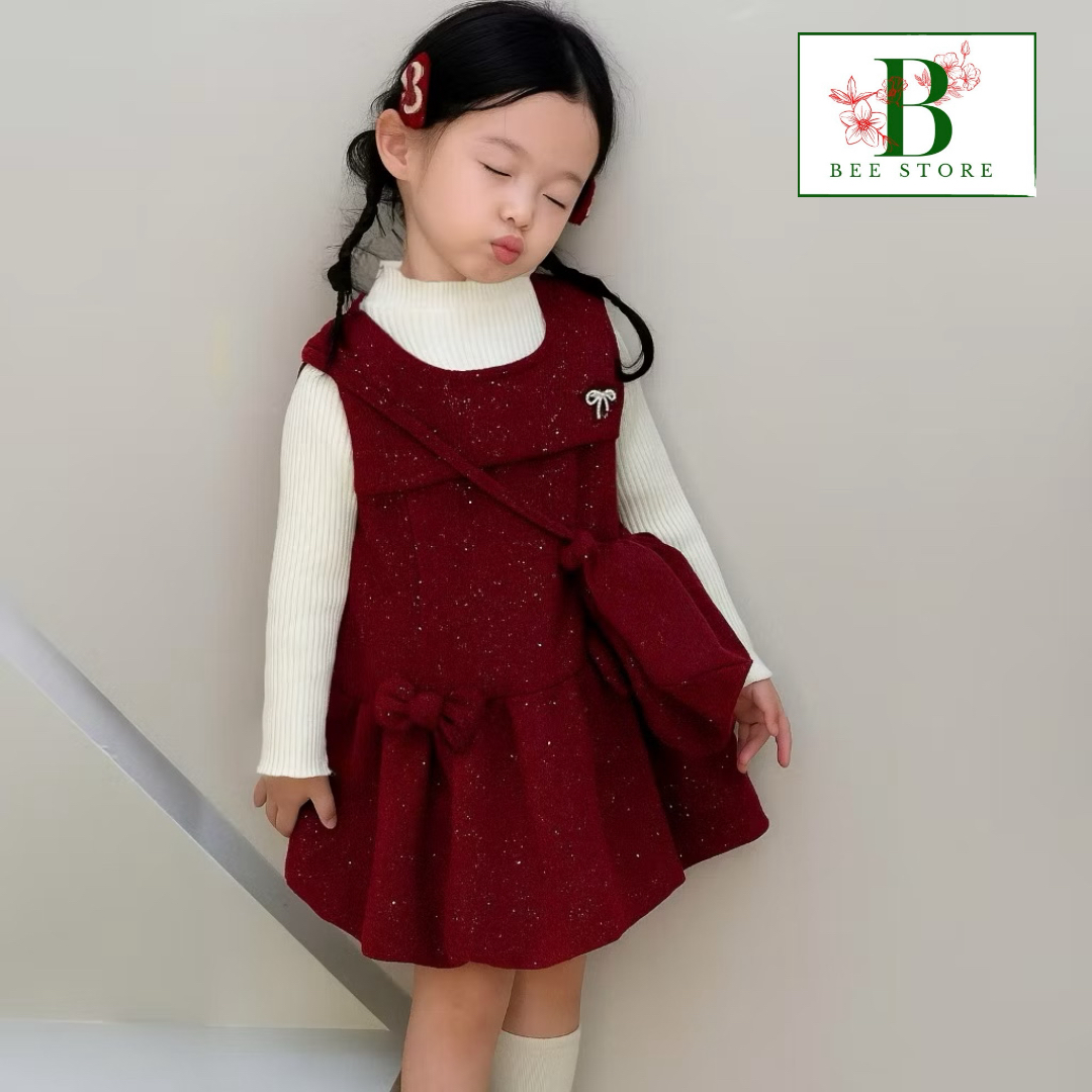 Set Đầm Nhung Đính Đá Bé Gái &amp; Túi Đeo Tone Đỏ Từ 12-33kg Dành Cho Bé Gái