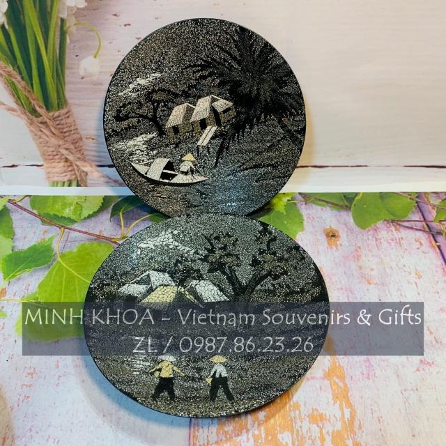 Bộ 2 Đĩa Tròn Sơn Mài Cẩn Trứng Trai 20 Cm - Vietnam Lacquer Round Plate With Handpanting