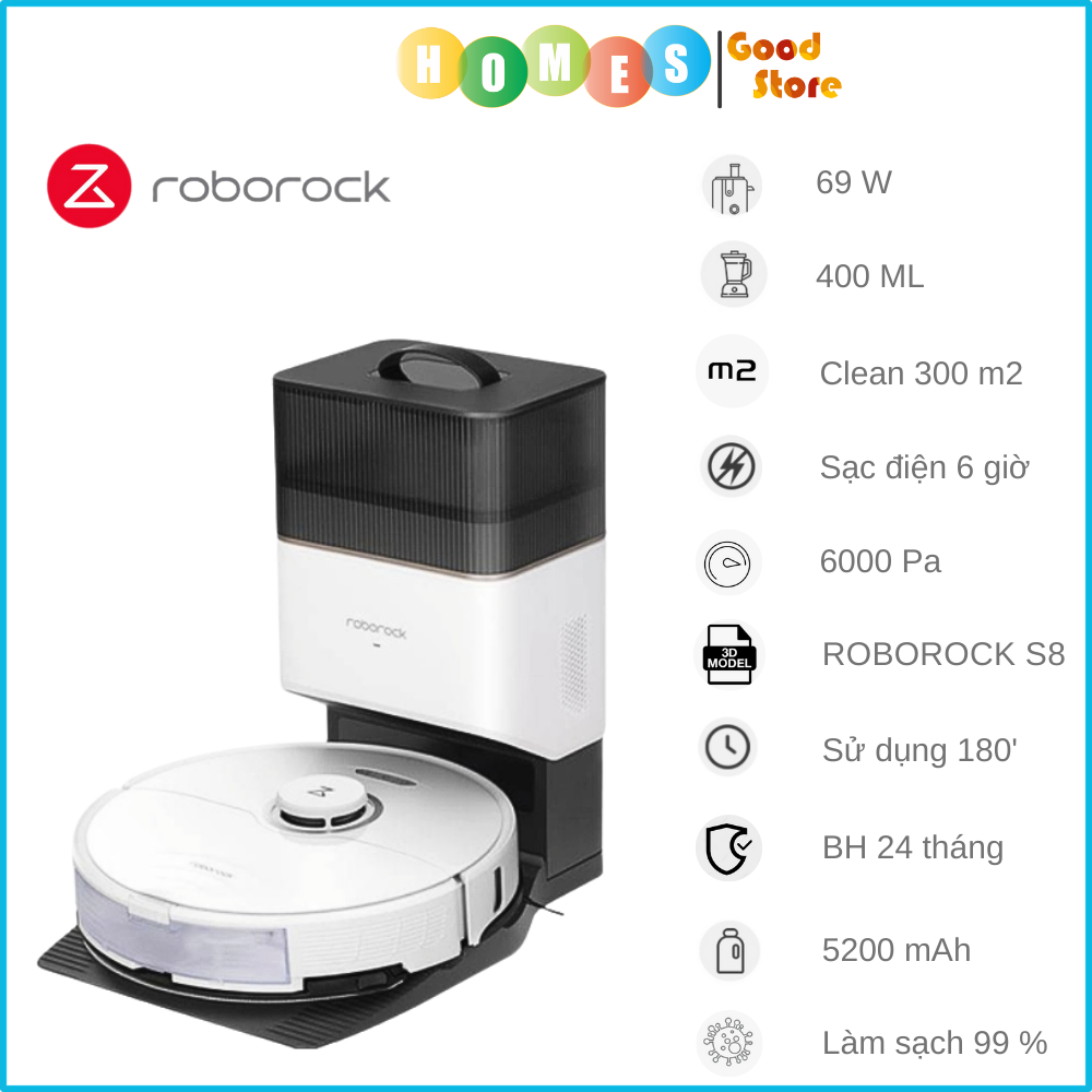Robot Hút Bụi Lau Nhà Roborock S8 Công Nghệ Lau Rung Chổi Làm Sạch Kép Tự Động Nâng Thảm Tự Động Tối Ưu Dọn Dẹp Với Camera AI Siêu Thông Minh Lực Hút 6000 Pa Công Suất 69 W - Hàng Chính Hãng