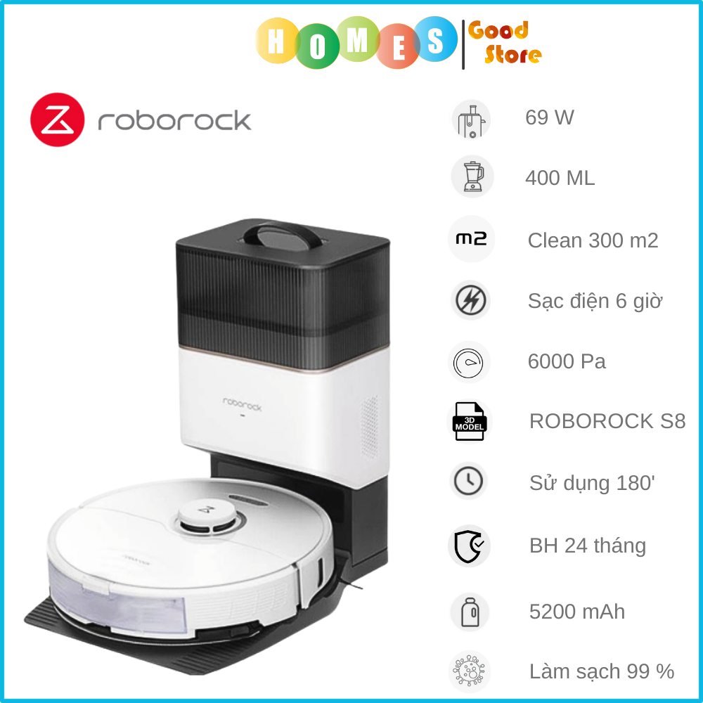 Robot Hút Bụi Lau Nhà XIAOMI Roborock S8 Công Nghệ Lau Rung Chổi Làm Sạch Kép Tự Động Nâng Thảm Tự Động Tối Ưu Dọn Dẹp Với Camera AI Siêu Thông Minh Lực Hút 6000 Pa Công Suất 69 W - Hàng Chính Hãng