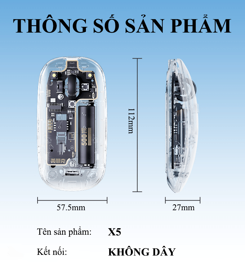 Chuột không dây  X5 thiết kế trong suốt mới lạ kết nối bằng chip USB 2.4G với dung lượng pin lên đến 500mAh