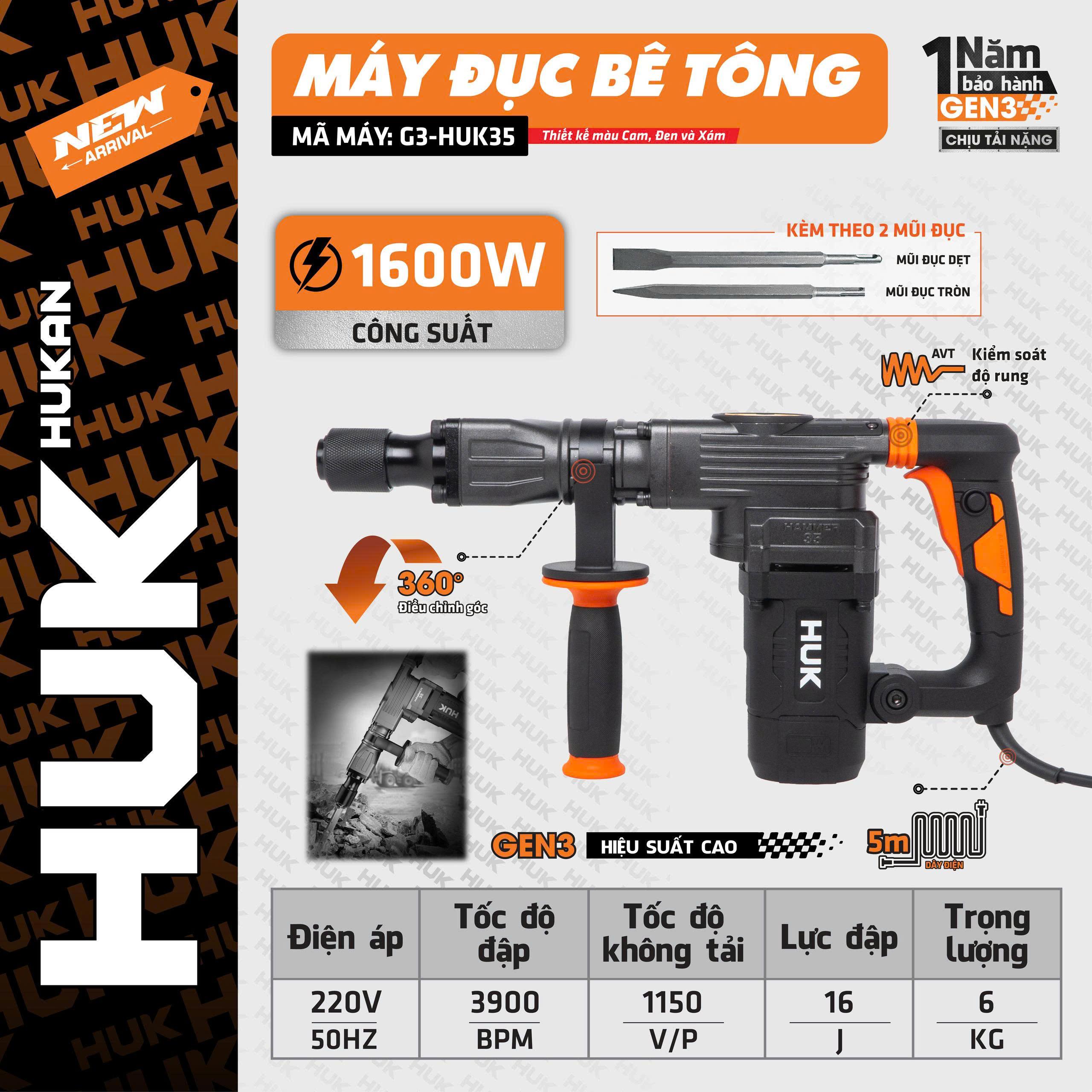 MÁY ĐỤC BÊ TÔNG 1600W G3-HUK35 HUKAN -HÀNG CHÍNH HÃNG