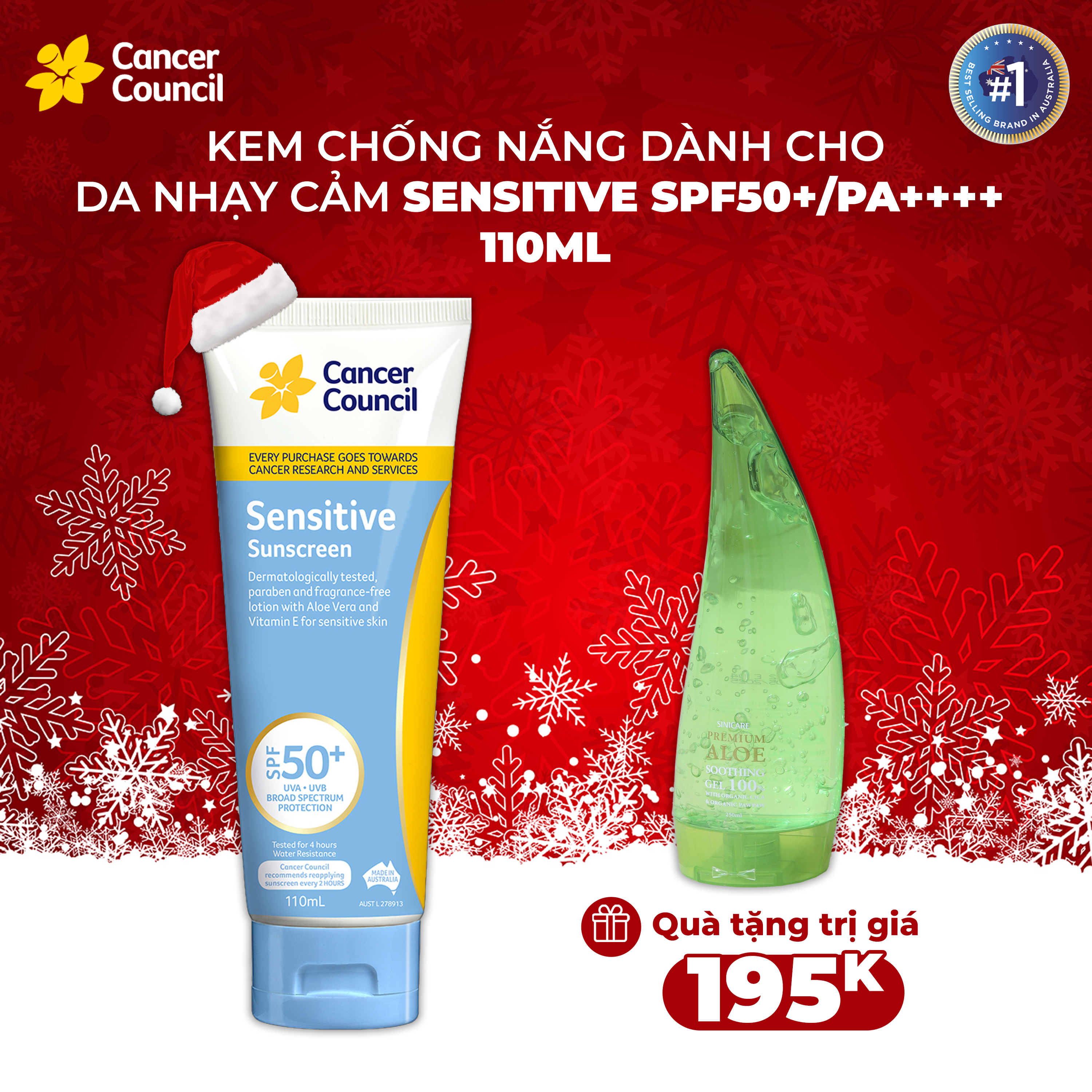 Kem chống nắng cho da nhạy cảm Cancer Council Sensitive SPF 50+/PA++++ 110ml