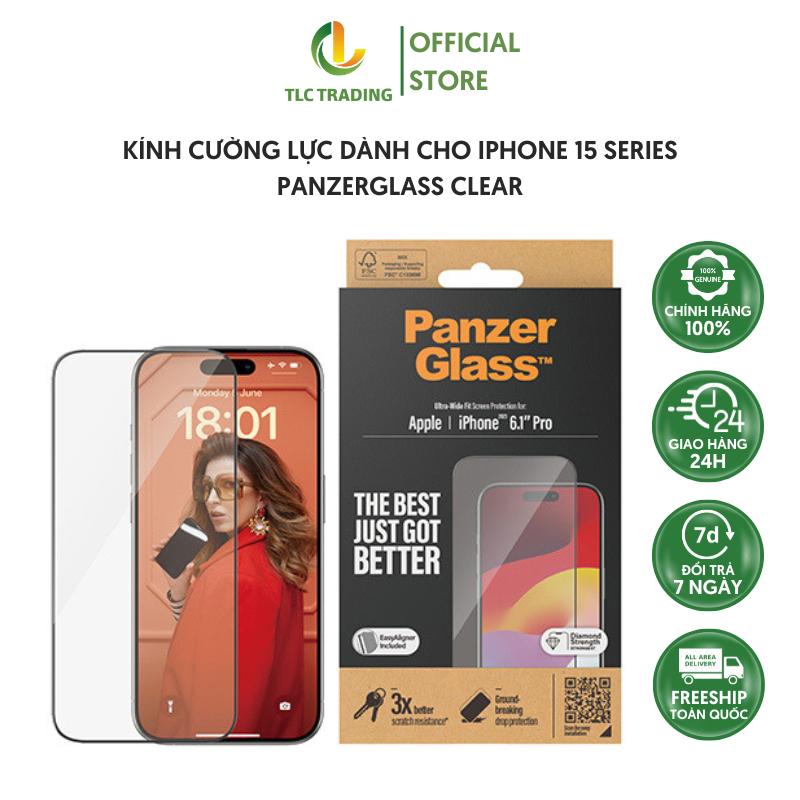 Kính Cường Lực PanzerGlass Clear dành Cho Iphone 15 Pro/ 15 Pro Max (Full) - hàng chính hãng