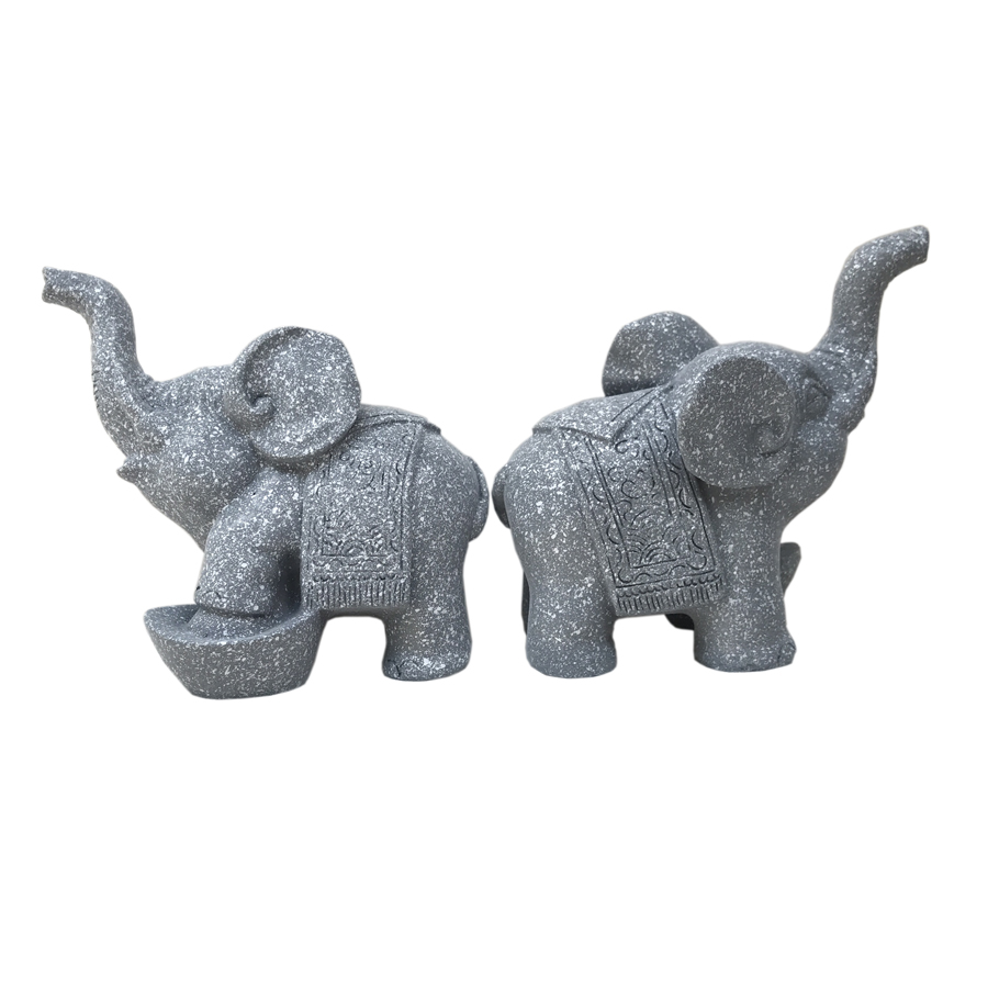 Cặp 2 tượng con voi đá trang trí phong thủy bàn làm việc mang may mắn cát tường cho gia chủ- Cao 11cm- Màu xám