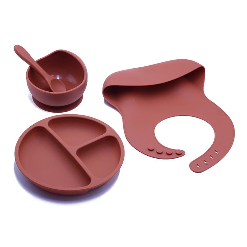 4 Không Chứa BPA Silicone Cho Bé Bộ Đồ Ăn Yếm Chống Thấm Màu Đĩa Dùng Tiệc Hút Bát Thìa Ăn Cho Trẻ Em