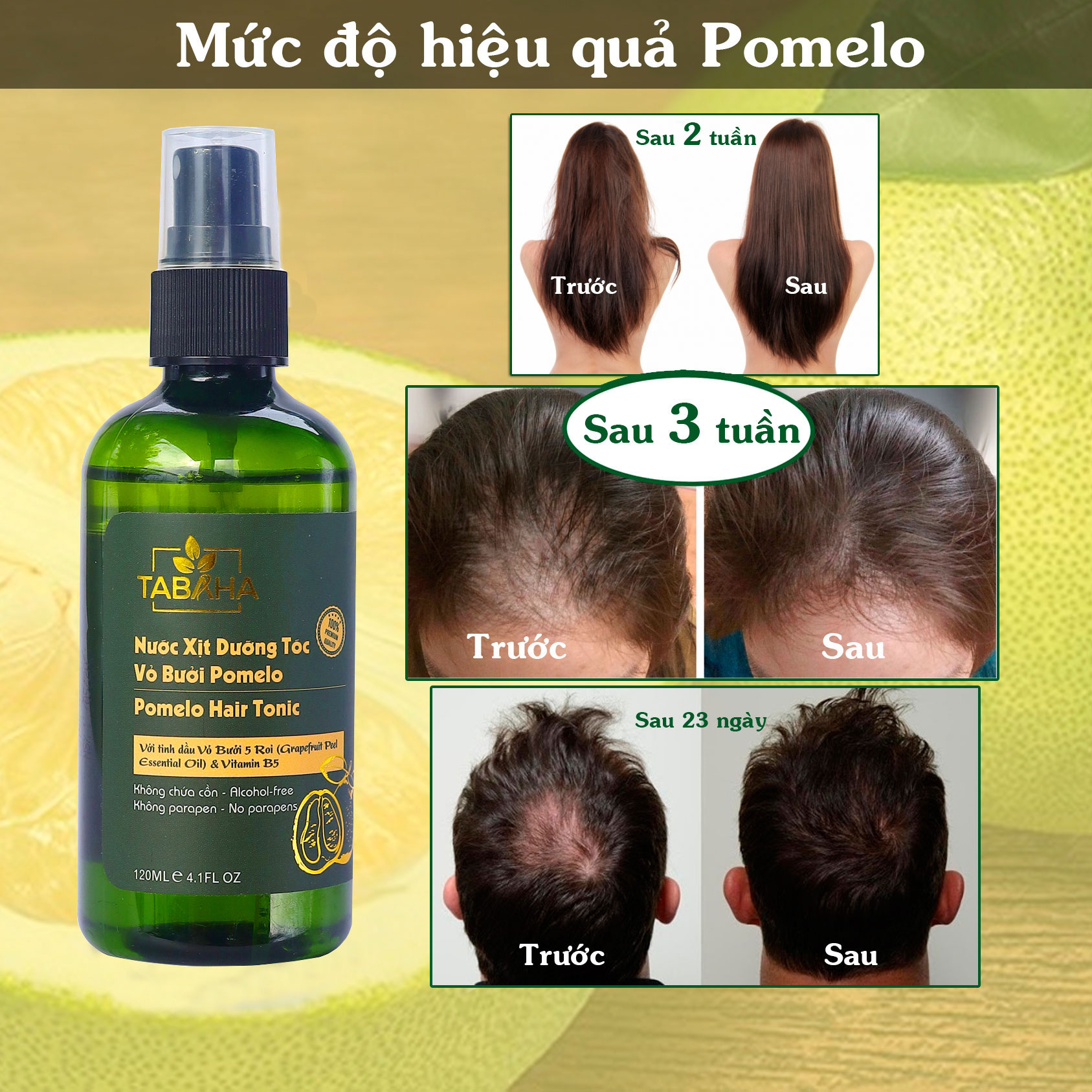 Combo 2 Chai xịt tinh dầu bưởi kích mọc tóc, giảm rụng tóc Pomelo Tabaha 120ml cho tóc dày và dài hơn gấp 2 đến 3 lần
