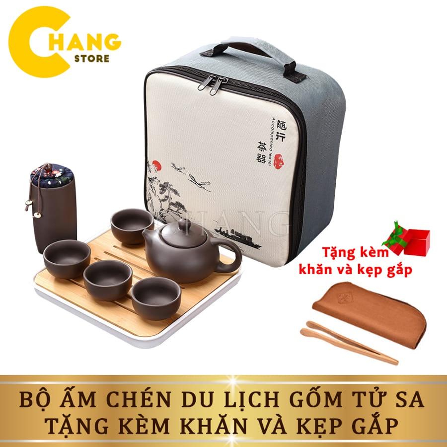 Bộ Ấm Chén Uống Trà Tử Sa, Bộ Ấm Chén Trà Đạo Sứ Thanh Kèm Khay Có Túi Đựng Xách Tay Dùng Làm Quà Tặng