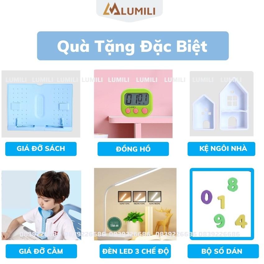 Bàn học sinh Lumili R16 có giá sách chống gù chống cận, bàn học thông minh kèm kệ sách phù hợp cho học sinh tiểu học