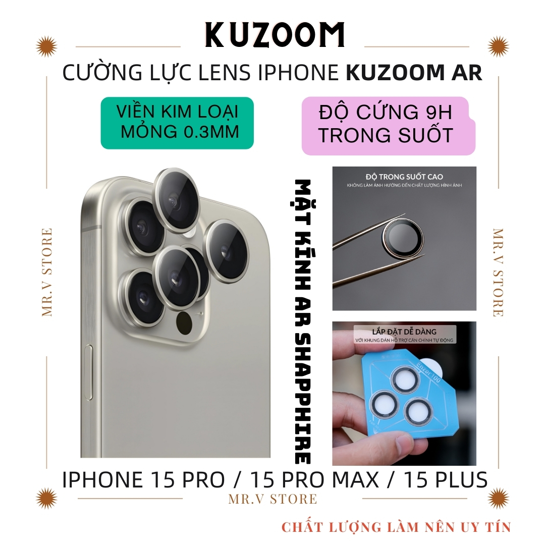 Bộ vòng kính cường lực viền kim loại bảo vệ camera cho iPhone 15 Pro / 15 Pro Max / 15 Plus / iP 15 hiệu HOTCASE Kuzoom AR-LENS độ cứng 9H, chống trầy xước, giữ nguyên chất lượng ảnh chụp - Hàng nhập khẩu