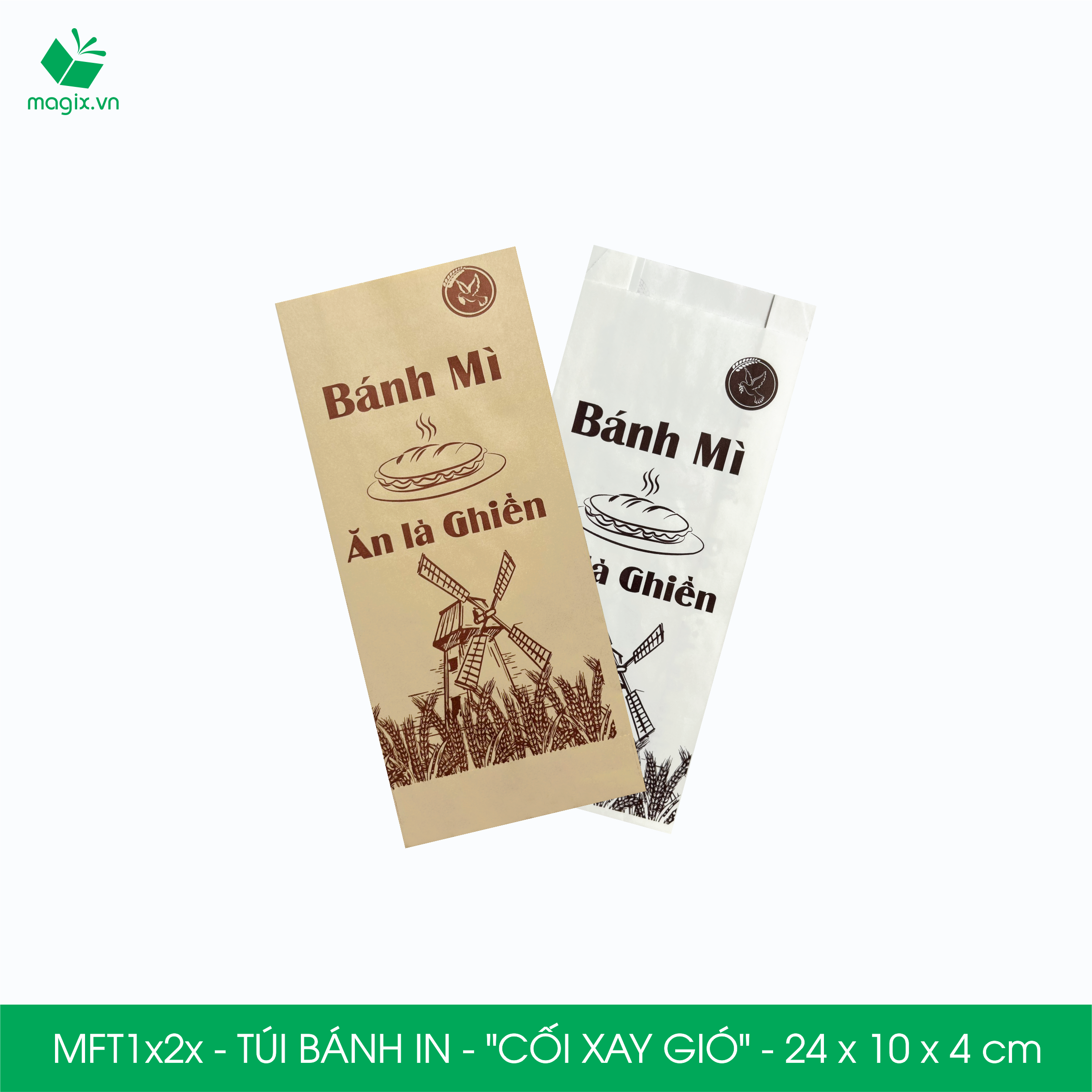 Combo 100 Túi bánh mì 24x10x4 cm - In sẵn họa tiết CỐI XAY GIÓ - Bao bánh mì Túi giấy thực phẩm an toàn - NÂU