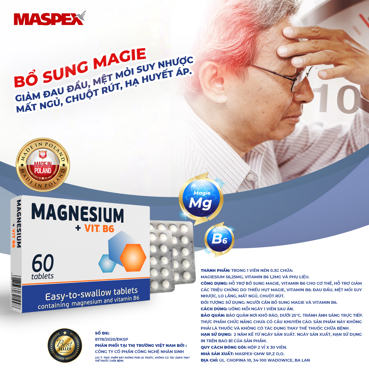 Thực Phẩm Chức Năng Viên  Uống Bổ Sung Magie, Vitamin B6 Magnesium + Vit.B6 MASPEX Hỗ Trợ Giảm Đau Đầu Mệt Mỏi Suy Nhược  Hộp 2 hộp x 60 Viên
