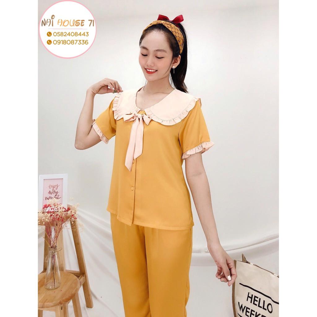 Bộ lụa Pijama NHIHOUSE71 Bộ Quần Dài Tay Ngăn Lụa Satin Tiểu Thư Cổ Phối Bèo Nơ Freesize 45-58kg