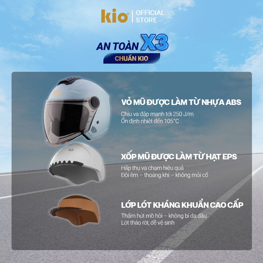 Mũ Bảo Hiểm 3/4 Kio SafeStyle Metro KN11K, 2 Kính Phủ Nano Chống Tia UV, Lót Kháng Khuẩn Tháo Rời - Xám xi măng (bóng)