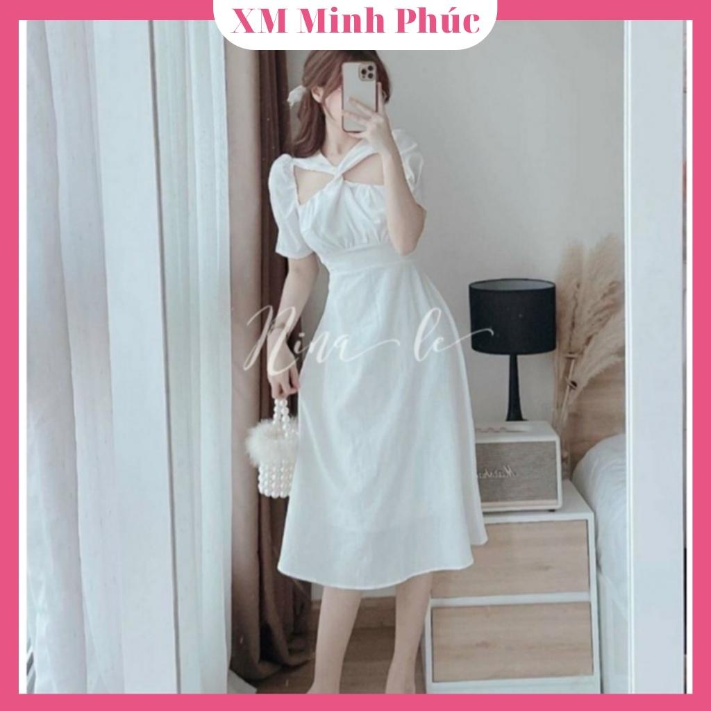 Đầm váy trắng dự tiệc chéo ngực siêu xinh NoBrand thiết kế dáng xòe sang chảnh Thời Trang
