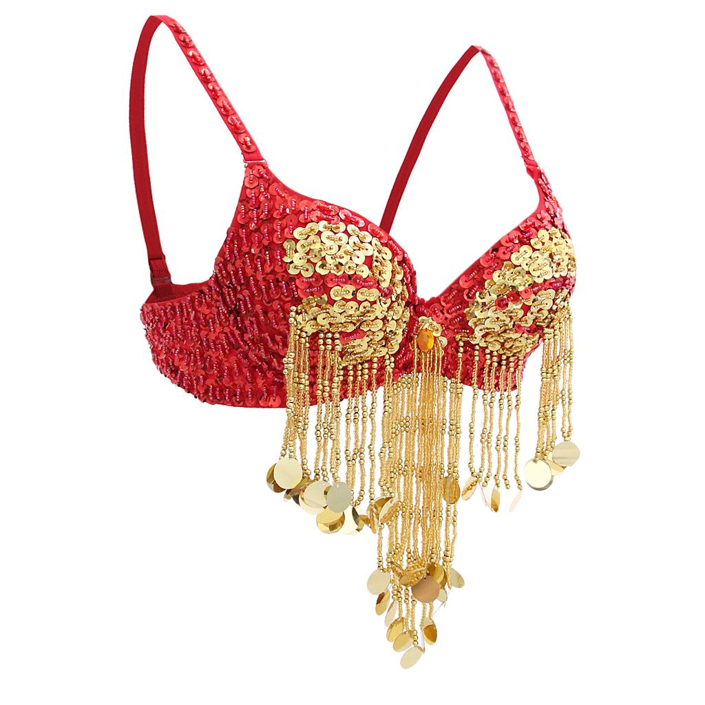 Womens Sparkling Sequins Tassels Bra Top Raves Belly Dance Holiday Indian Dancer Costume Club Wear