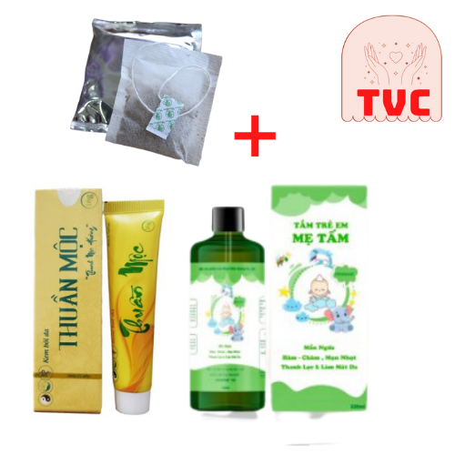 Combo vệ sinh cho bé gồm Kem Bôi da Thuần Mộc Mẫu Mới và Dung dịch Tắm Bé Mẹ Tấm Tặng Kèm Trà Túi Lọc Wonmom