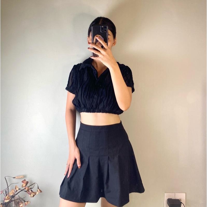 Áo thun lưới croptop xẻ trụ trắng đen- AUDREY STUDIO