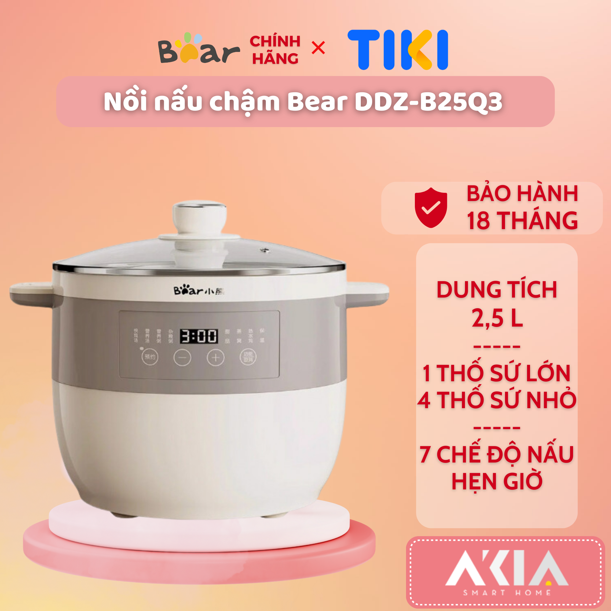 Nồi nấu chậm Bear DDZ-B25Q3 2.5L, kèm 1 thố sứ lớn, 4 thố sứ nhỏ, 7 chế độ nấu ăn, hẹn giờ, BH 18 tháng - HÀNG CHÍNH HÃNG