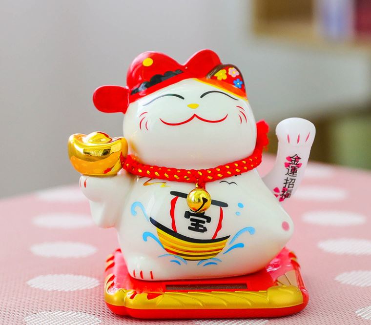 Mèo Thần Tài Sứ cao 11 cm vẫy tay năng lượng mặt trời
