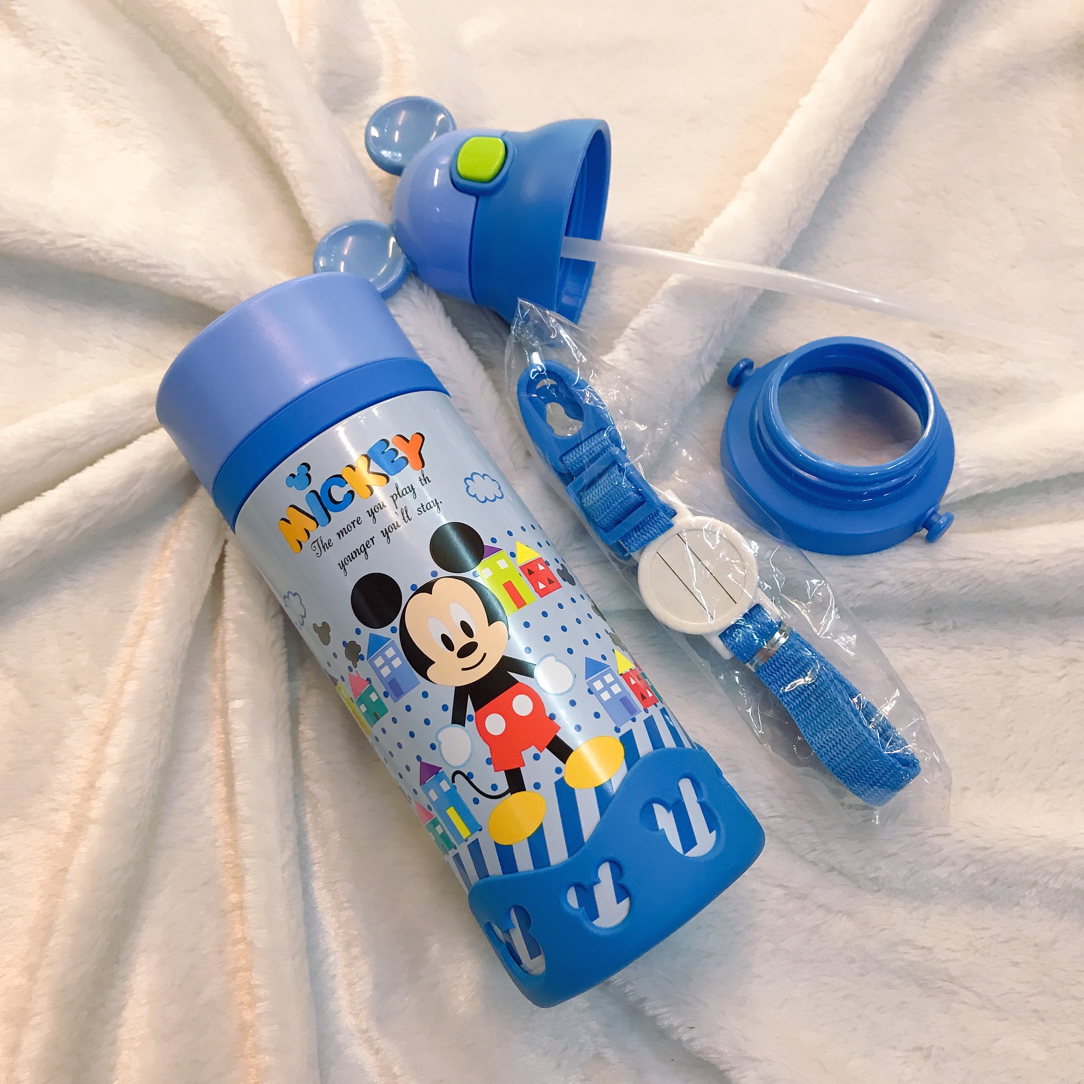 Bình nước giữ nhiệt 2 nắp hình chuột Mickey màu xanh viền silicon cho trẻ em, các bé, học sinh -  - WD-3430MK