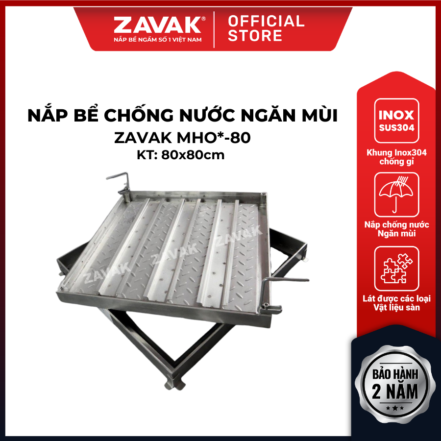Nắp bể ngầm chống nước ngăn mùi inox ZAVAK MHO*-80 / KT 80x80cm, lát gạch 2,5cm/ tải tối đa 450kg