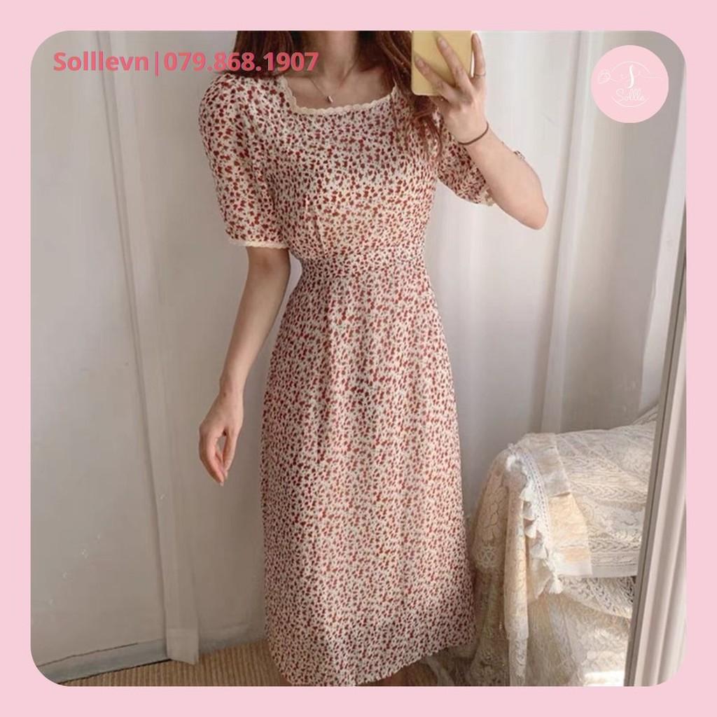 Đầm suông cổ vuông tay lửng phối bèo trắng hoạ tiết hoa nhí nhỏ xinh