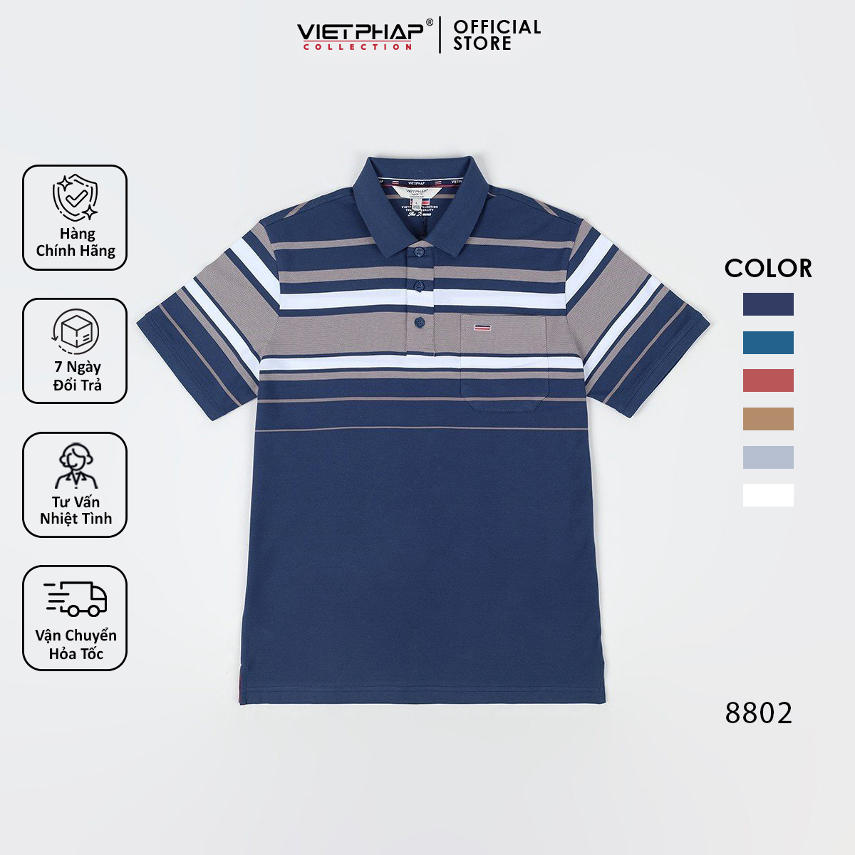 Áo Thun Cá Sấu Sọc Cao Cấp VIỆT PHÁP / Form Suông- Chất liệu cotton co dãn và thấm hút mồ hôi tốt 8802