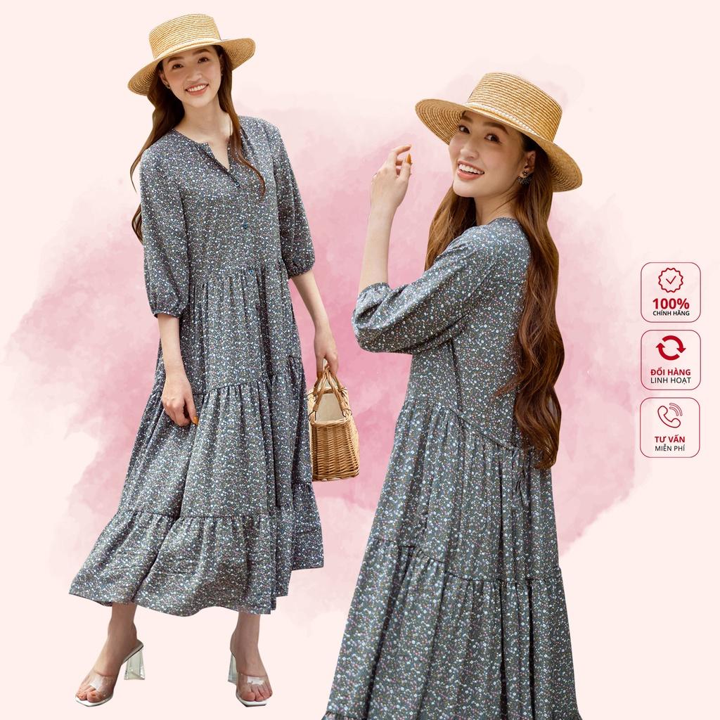 Váy suông, 3 tầng hoa nhí vintage, tay lỡ thoải mái, có dây buộc sau tạo eo, chất liệu lụa cao cấp Peony - STELLA DRESS