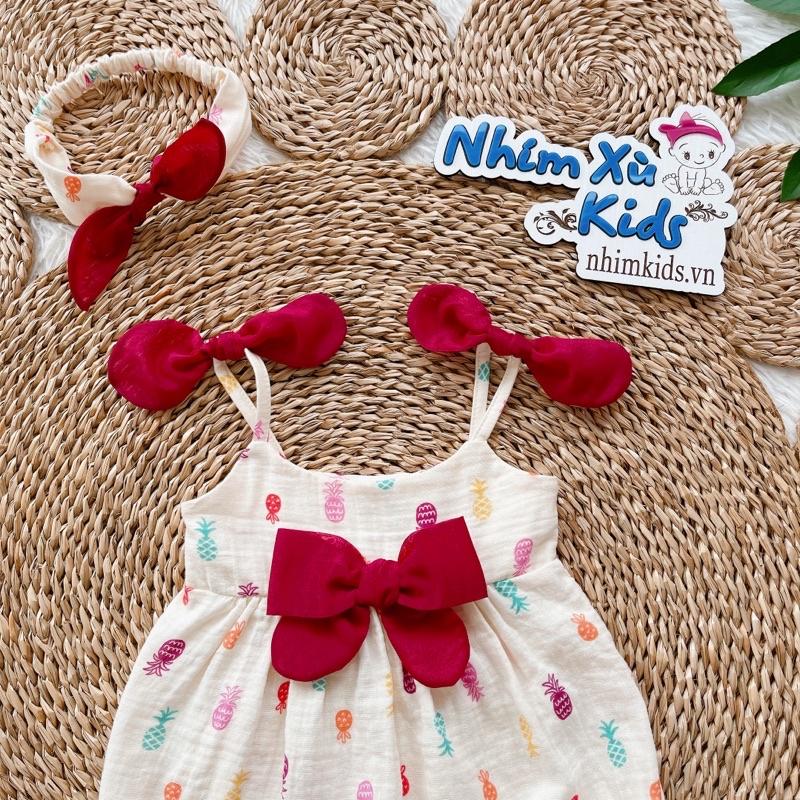 Body 2 Dây Nơ Đỏ Quả Dứa Chất XÔ MUSLIN Cho Bé Gái 3 Đến 12kg