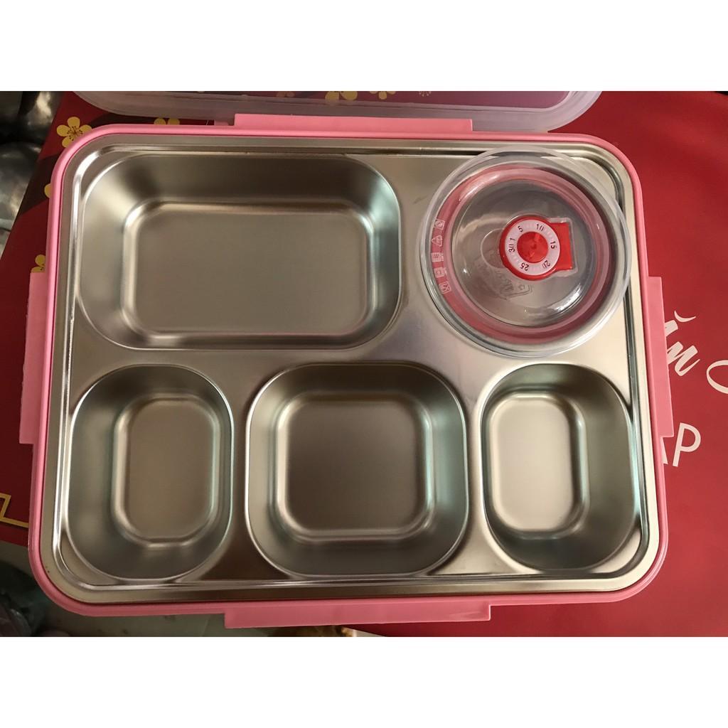 Khay Cơm Inox 304 5 Ngăn Tặng Kèm Muỗng Đũa - Khay Có Nắp Nhựa Pp Cùng Các Khớp Khóa Giữ Nhiệt Chống Tràn - Hàng Loại 1