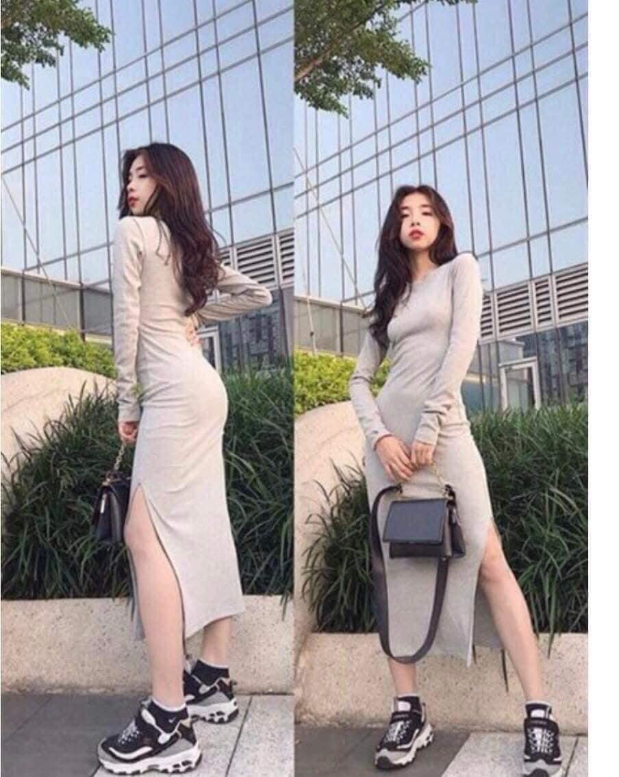 F595 Đầm ôm body form dài xẻ sườn