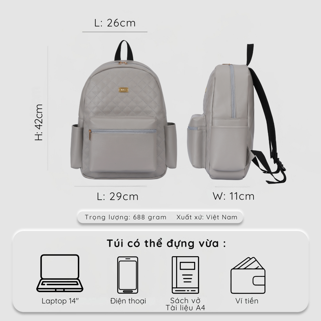 Ba lô công sở thời trang nữ IDIGO UBP2 – 6035 , Balo da nữ họa tiết chần trám thanh lịch đựng laptop 14 inch