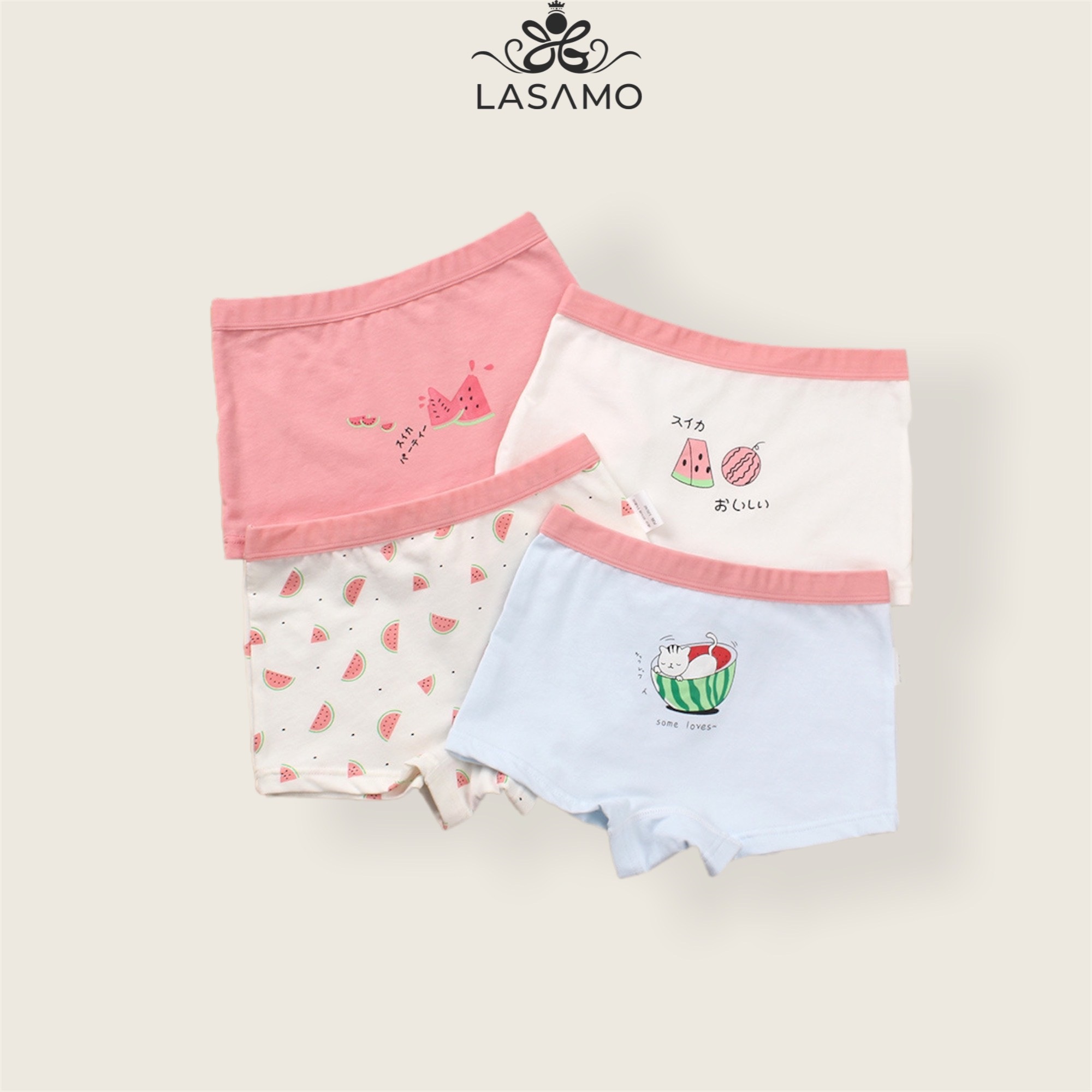 Set 4 chiếc quần chip bé gái, quần lót cho bé gái cotton cao cấp họa tiết Dưa hấu dễ thương hãng LASAMO mã QLB004