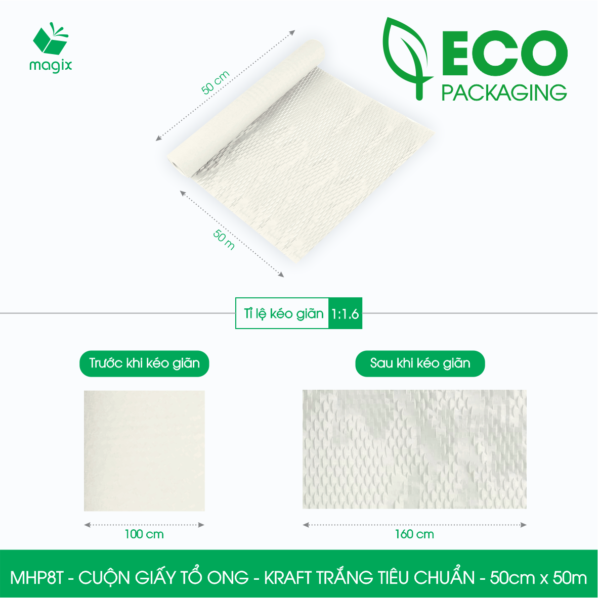 MHP8T - 50cm x 50m - Cuộn giấy tổ ong gói quà, gói hàng chống sốc - Kraft trắng kem Tiêu Chuẩn
