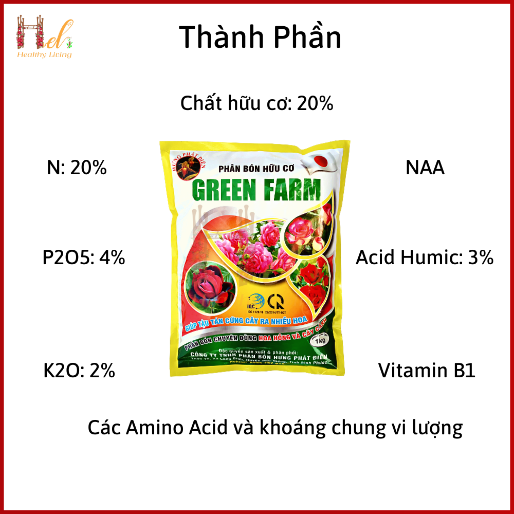 Phân Bón Hữu Cơ Hoa Hồng Phân Bón Hoa Hồng, Cây Cảnh GREEN FARM Gói 1kg