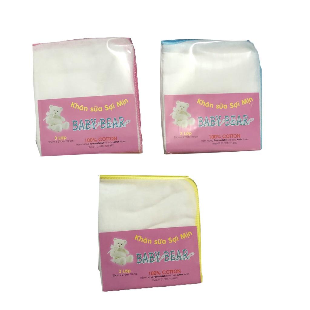 Túi 10 cái khăn sữa gạc xô 3 lớp sợi Mịn Baby Bear- Kích thước khăn 25x27 cm