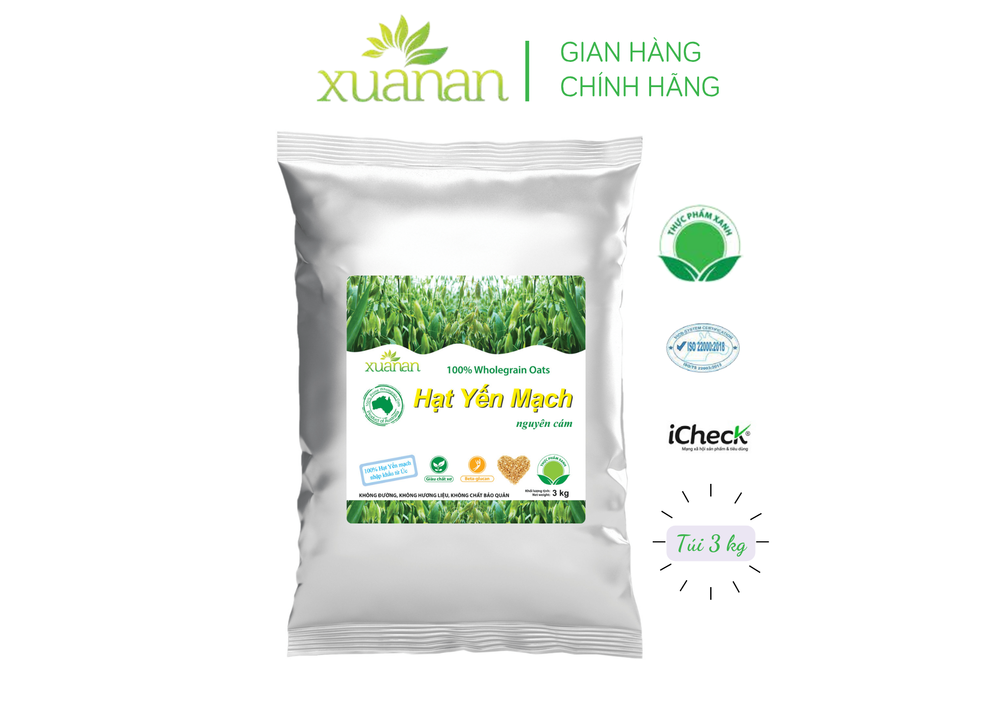 Hạt Yến Mạch Nguyên Cám Úc Xuân An [ko đường] Túi 3Kg (100% Australian Wholegrain Oats) (Giảm 25%)