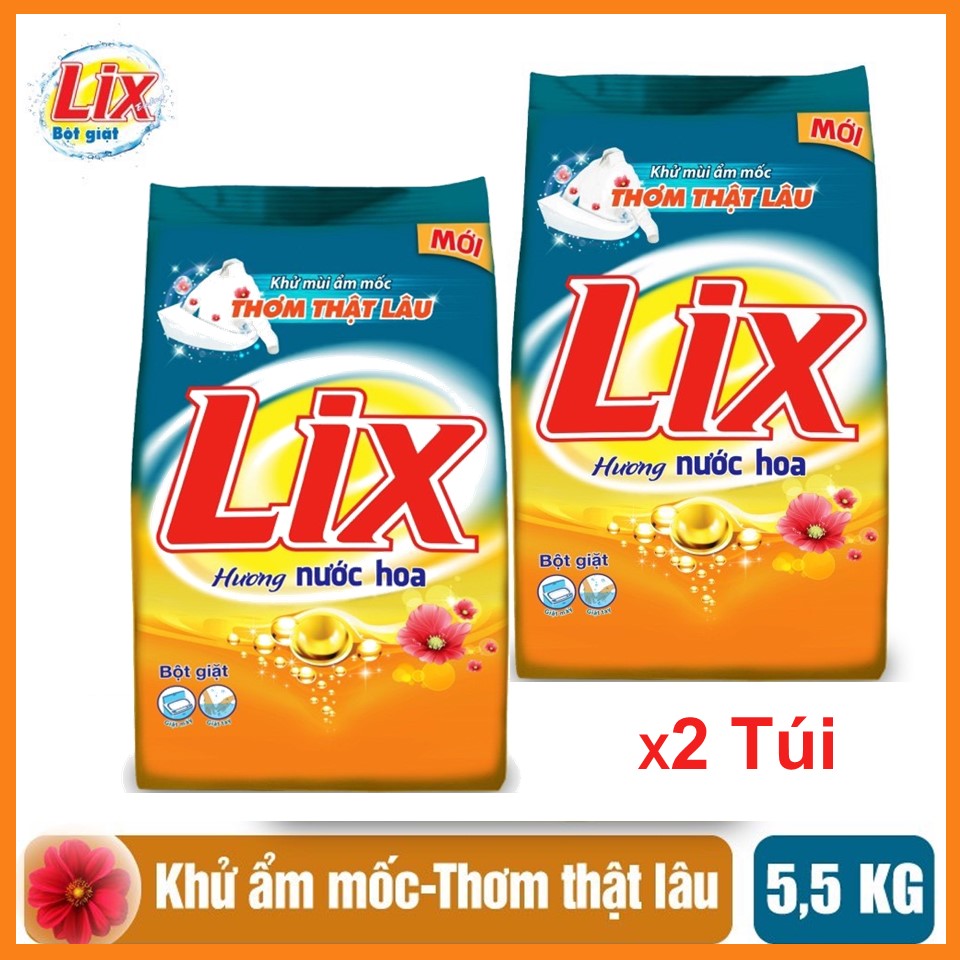 [Nguyên thùng] COMBO 2 gói Bột giặt LIX Hương nước hoa (Cam) khử ẩm mốc, thơm thật lâu 5.5KGX2