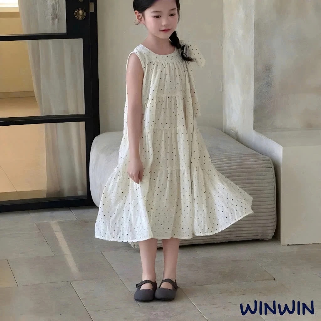 Đầm Xòe Bé Gái Dáng Babydoll Chấm Bi Nơ Vai Cực Xinh Từ 12-36kg Dành Cho Bé Gái